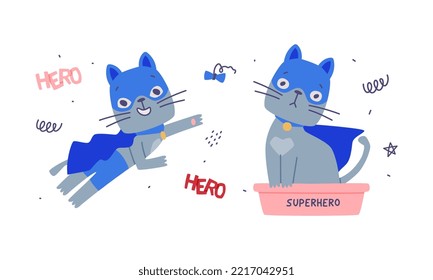 Funny cat superhero. Cute kitten pet animal character in blue mask and cape flying and using litter box cartoon vector illustration