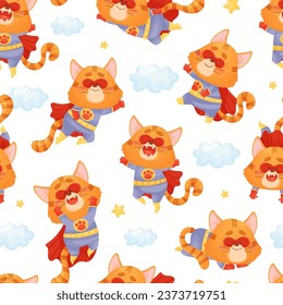 Funny Cat Superhero Wearing Mask and Cloak Vector Seamless Pattern