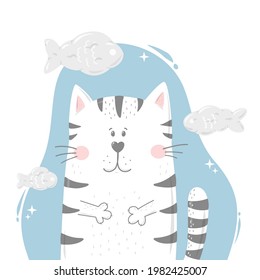 funny cat surrounded with fish clouds on blue background. Good for nursery posters, prints, cards, stickers, kids apparel, etc. EPS 10
