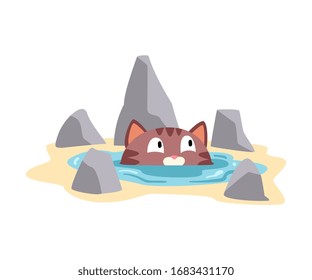 Funny Cat Taking a Bath Outdoor, Cute Pet Animal Enjoying Spa Procedure Vector illustration