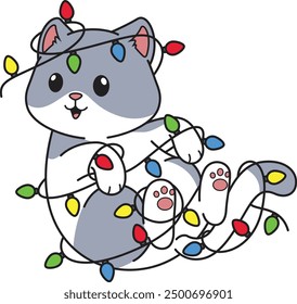 Gato divertido enredado en luces de Navidad Ilustración vectorial