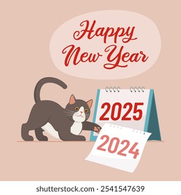 Funny cat tearing the calendar page and showing the new year, Happy New Year concept