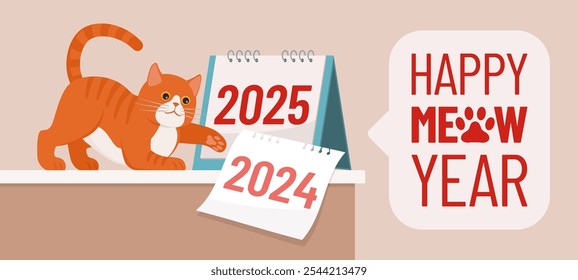 Gato engraçado rasgando a página do calendário e mostrando o ano novo, Feliz Ano Novo banner com espaço de cópia