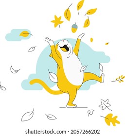 Funny cat throws up autumn leaves