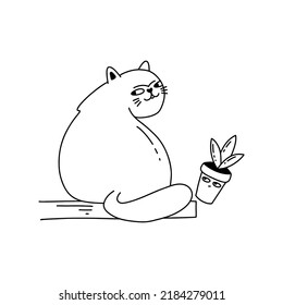 Funny cat throws the flower pot off the table. Cartoon vector illustration with animal.