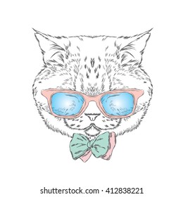 Funny cat in a tie and glasses. Vector illustration.