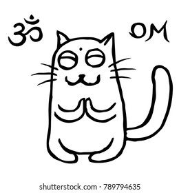 Funny cat Tik buddhist in harmonous. Vector illustration. Om sign and symbol. Cute pet character.