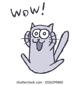 Funny cat Tik screaming Wow. Vector illustration. Funny imaginary character.
