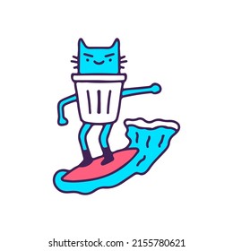 Funny cat in trash cat surfing, illustration for t-shirt, street wear, sticker, or apparel merchandise. With doodle, retro, and cartoon style.