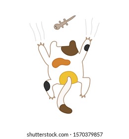 Funny cat trying to catch a house lizard on wall vector illustration cartoon. 