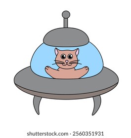 Funny cat in UFO spaceship. Flat vector Illustration.