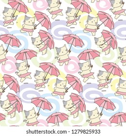 Funny cat with umbrella in different expressions seamless pattern