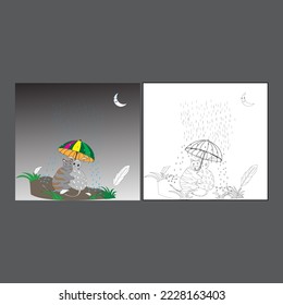 funny cat with umbrella or rain coloring page or book