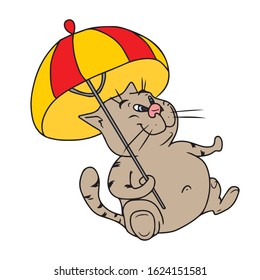 Funny cat with umbrellas in its paws. Rest. Vector illustration.Form for banners, postcards. animal