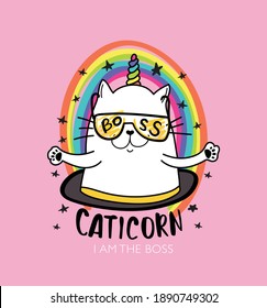 Funny cat unicorn drawing, design for fashion graphics, t shirts, prints, posters and stickers