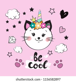 Funny cat unicorn head on a pink background