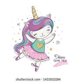 Funny cat unicorn illustration. Ballerina dancing in pink dress.