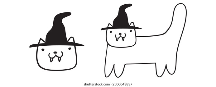 Funny cat vampire. Halloween design. Outline vector illustration on white background. 