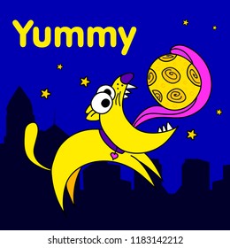 Funny cat in vector eat moon. Cartoon illustration.