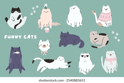 Engraçado Cat Vetor Mão Desenhado Ilustrações. Personagens lúdicos e excêntricos para arte e design.