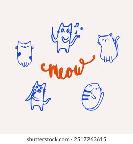 Funny cat vector illustration. Singing cat. Funny calligraphic. Vector cartoon art illustration isolated on white background. Hand drawn outline style.