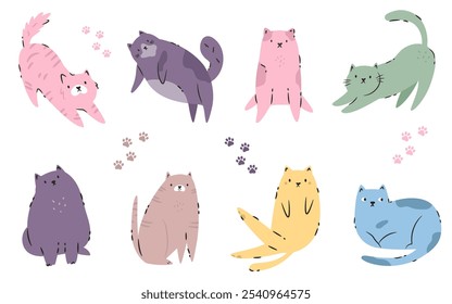 Ilustrações de vetor de gato engraçadas. Personagens lúdicos e excêntricos para arte e design