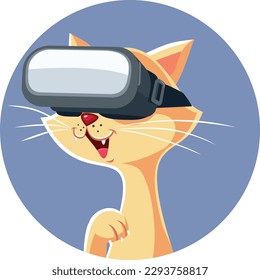 
Funny Cat Vector Mascot Wearing Virtual Reality Glasses. Cute domestic animal having fun enjoying the latest technology 
