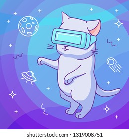 Funny cat with VR helmet in a virtual reality outer space. Cute character in a minimalistic flat linear style. Background with stars and space objects. Design concept for t-shirt, notebook cover etc.