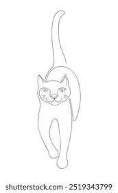 Funny cat is walking, his tail sticks out like a pipe. Vector illustration in the form of a single line isolated on a white background