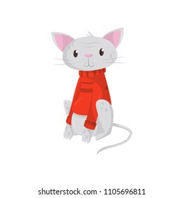 Funny cat in warm red sweater. Kitten with cute muzzle in sitting position. Flat vector element for poster or banner or vet clinic