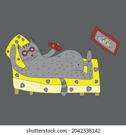 A funny cat watches TV, holds a TV remote control in his hands. Vector. Cartoon. Coloring pages for children and adults. Comics. Doodles