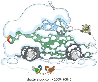 Funny cat watching small birds from behind a car covered with snow, a vector illustration in cartoon style