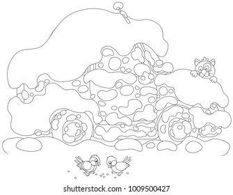 Funny cat watching small birds from behind a car covered with snow, a black and white vector illustration in cartoon style for a coloring book