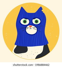 Funny cat wearing balaclava ski mask. Hipster kitten dressed as a robber with a colorful thief mask. Isolated print for T-shirt, poster, mug, and for cricut.