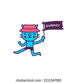 Funny cat wearing bucket hat holding flag, illustration for t-shirt, sticker, or apparel merchandise. With doodle, retro, and cartoon style.