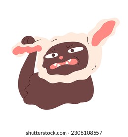 Funny cat wearing bunny hat, disguised in amusing rabbit costume. Adorable angry kitty, feline animal, discontent emotion, expression, reaction. Flat vector illustration isolated on white background