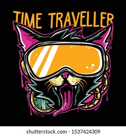 Funny cat wearing glasses vector illustration. cat head with old school watch. Cat time traveller for poster , emblem , sticker design