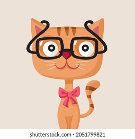 Funny Cat Wearing Glasses Vector Cartoon. illustration of a hilarious cute trendy tomcat wearing eyeglasses

