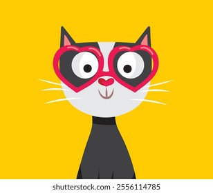 
Funny Cat Wearing Heart Shaped Glasses Vector Cartoon Character. Cheerful domestic animal wearing silly quirky eyewear ion Valentines day
