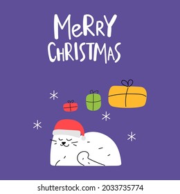 Funny cat wearing Santa's hat. Merry Christmas. Hand drawn vector illustrations.