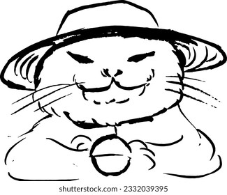 Funny cat wearing summer hat portrait. Animal ink sketch. Vector drawing isolated on white. 