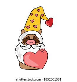 Funny cat with a white beard and a big hat with hearts.Vector children's illustration on a white isolated background. For banners, postcards and stickers