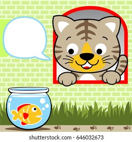 funny cat in the window with fish in the jars, vector cartoon illustration