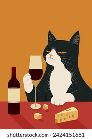 Funny cat with a wine glass illustration