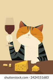 Funny cat with a wine glass illustration