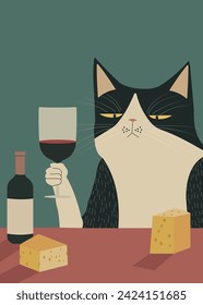 Funny cat with a wine glass illustration