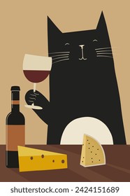 Funny cat with a wine glass illustration