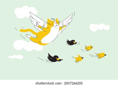  Funny cat with wings flies with birds. Vector illustration 