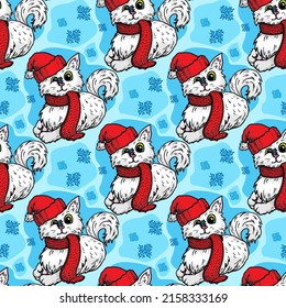 funny cat in a winter hat and scarf vector seamless pattern