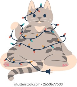 Funny cat wrapped in garland